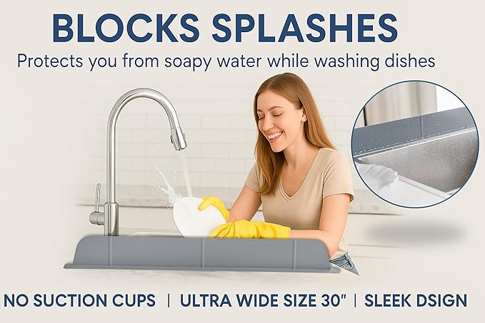 30 inch(75cm) Premium Kitchen Sink Silicone Water Splash Guard SIZE UPGRADE 30" and new package - NO Suction Cups, Ultra Wide 30" - Made in Korea (Ultra Wide Eco Gray)