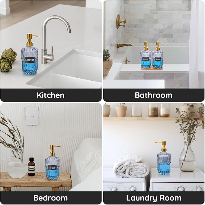 Segbeauty 15.2oz Glass Soap Dispenser Bathroom Bottle, 2pcs Gray Shampoo and Conditioner Dispenser with Labels, 450ml Pump Bottle for Kitchen, Lotion Cream Container with Golden Stainless Steel Pump