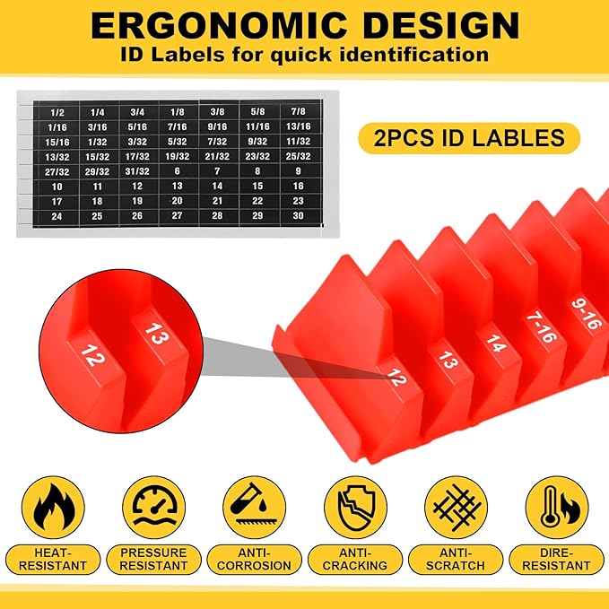 Chunful 100 pcs Modular Wrench Organizer Holder Wrench Tool Organizers Storage Racks Set with Metric & SAE Label for Tool Box Drawer Storage for Father Brother Professional Mechanics Men(Red)