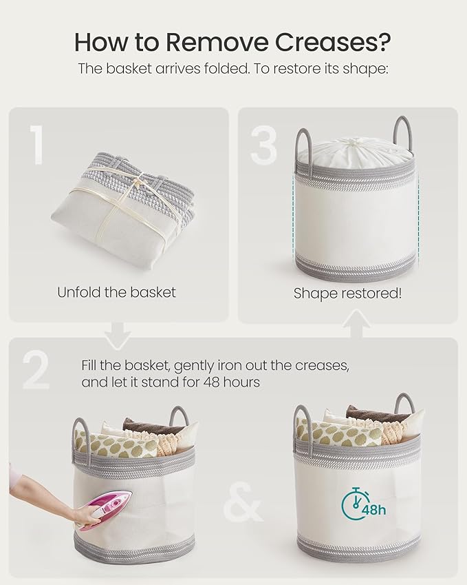 SONGMICS Laundry Hamper, Cotton Rope Laundry Basket with Handles, for Clothing, Living Room, Bedroom, 23.8 Gallons, 19.7 x 19.7 x 18.1 Inches, Cloud White and Dove Gray URLH090G01