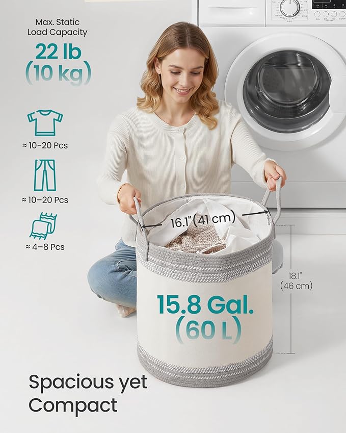 SONGMICS Laundry Hamper, Cotton Rope Laundry Basket with Handles, for Clothing, Living Room, Bedroom, 15.8 Gallons, 16.1 x 16.1 x 18.1 Inches, Cloud White and Dove Gray URLH060G01