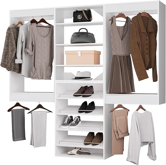ROOMTEC Modular Closet System, 66" Wall Mounted Closet Organizer with Hanging Rods and Shoe Shelf, Wooden Tower for Walk-In Closets, Wardrobe Storage Kit, White