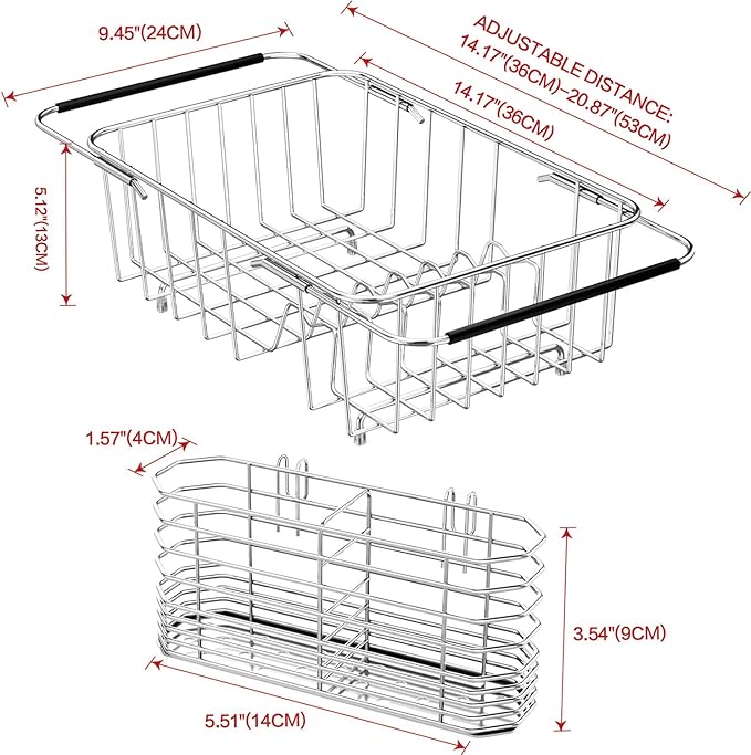 Small Dish Drainer Rack in Sink Adjustable, Expandable Stainless Steel Metal Dish Drying Rack Organizer with Stainless Steel Utensil Holder Over Inside Sink Counter, Rustproof(for 1-2 People)