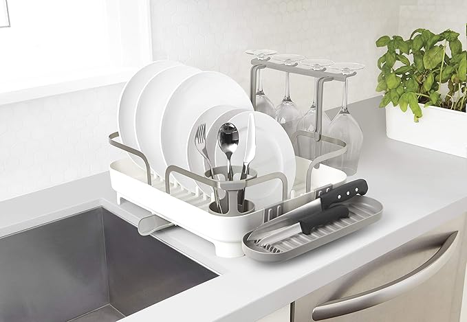 Umbra Holster Dish Rack– Molded Plastic Dish Drying Rack with Drainage Spout, White