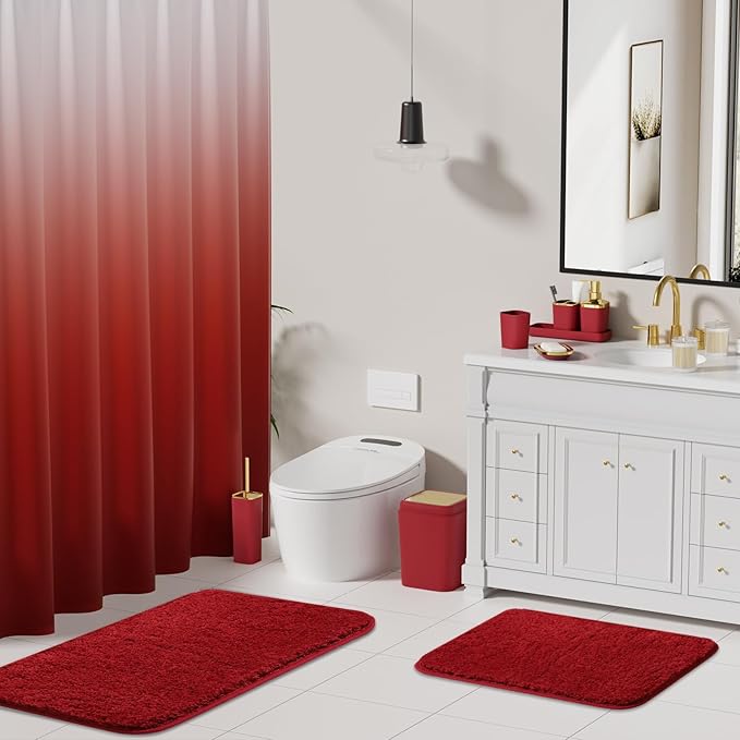 Burgundy Bathroom Accessories Set with Shower Curtain and Rugs, Dark Red Bathroom Accessories with Trash Can,Toothbrush Holder and Cup,Soap Dispenser,Tray,Soap Dish,Toilet Brush,Qtip Holders