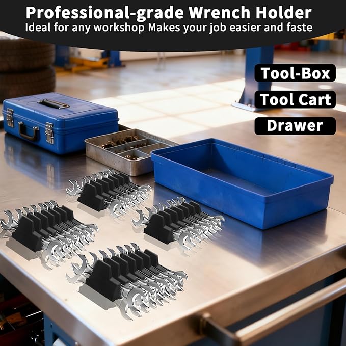 80 Pcs Modular Wrench Organizer Holder Set with Metric & SAE Labels, Wrench Rack for Toolbox Drawer Storage, Includes 9-Grid Clear Parts Box (Black)