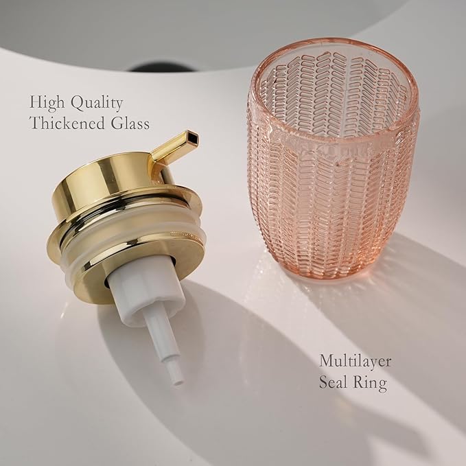Glass Foam Soap or Lotion Dispenser - Refillable Liquid Dispenser with Large Gold Pump - Barrel Pattern in Pink