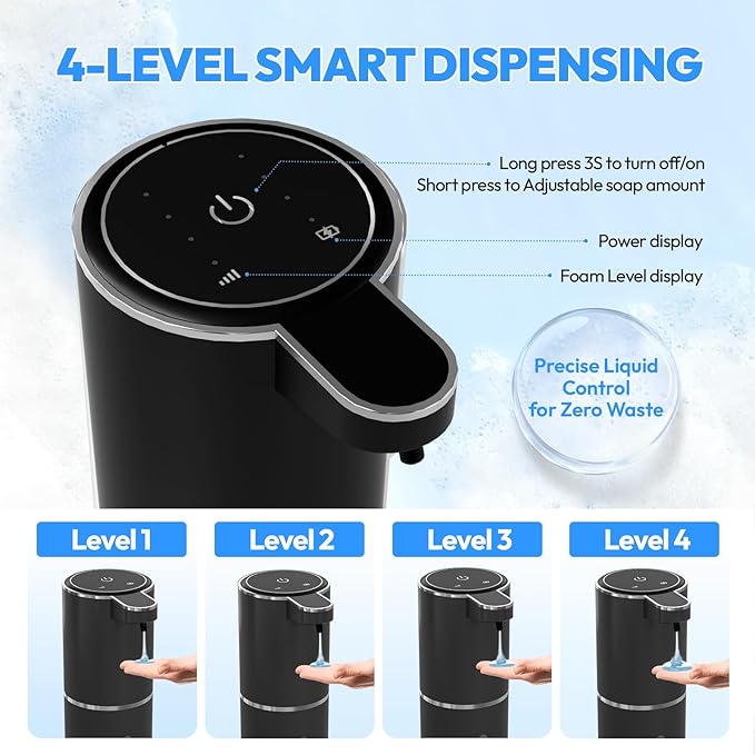 2 Pack Automatic Soap Dispenser Touchless,Liquid Hand Soap Dispenser 12.8oz USB 4levels Adjustable Dispenser Electric Wall Mounted Smart for Bathroom and Kitchen Dish Soap，Easy for Toddlers(Black)