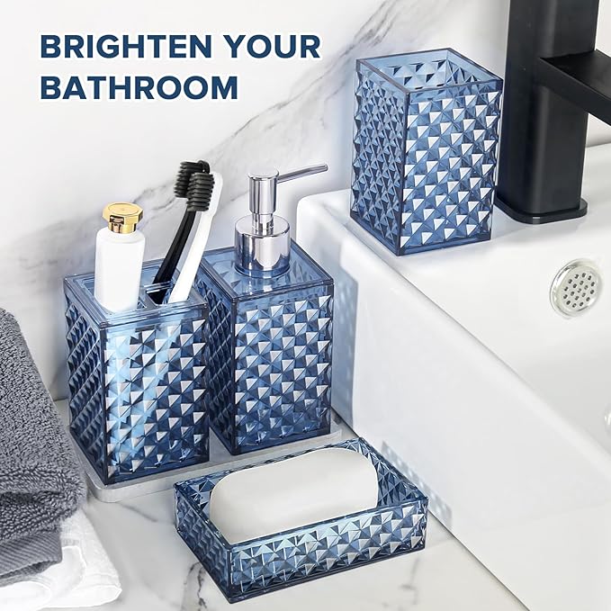 Bathroom Accessories Set, 4 Pack Blue Acrylic Bath Accessory Sets Complete, Diamond Soap Dispenser and Toothbrush Holder Bathroom Counter Sink Set, Boho Modern Bathroom Decor