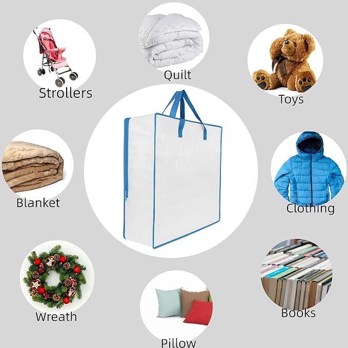 5 Pack Moving Bags, Wreath Storage Bag, Garland Container, Clear Storage Bags with Handles and Zippers Moving Bag for College Carrying, Bedding, Toys Organizer, Under the Bed Storage
