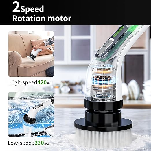 HIMAAT Cordless Electric Spin Scrubber - IPX7 Waterproof, LCD Display, 8 Brush Heads, Adjustable Extension Handle, for Shower, Bathtub, Tile, Grout, Kitchen, Bathroom Cleaning