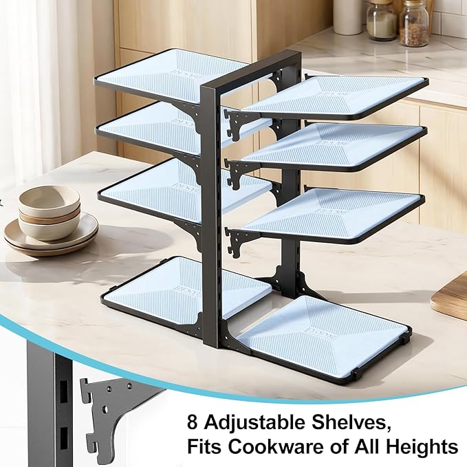 LAMU Pots and Pans Organizer under Cabinet, 8-Tier Heavy Duty Pan Organizers inside Cabinet, Adjustable Pot Rack for Small Kitchen Storage, 15" Height Holds Cast Iron Pans and Skillets Black