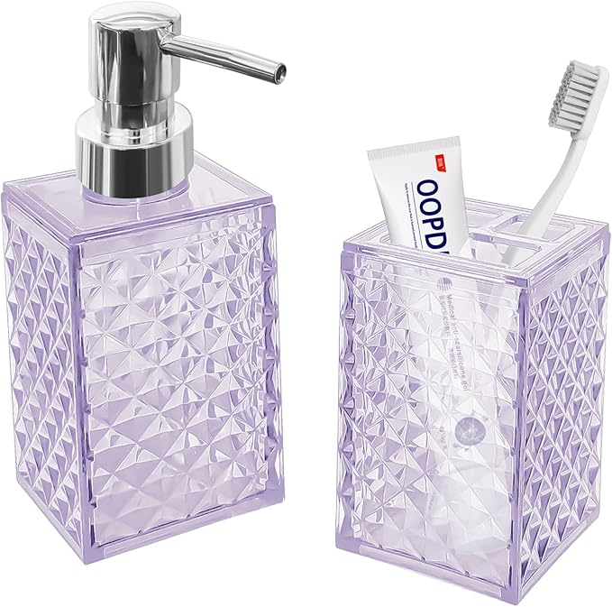 2PCS Lavender Bathroom Accessories. Contain Soap Dispenser and Toothbrush Holder Set. Boho Bathroom Set for Blue Bathroom Décor