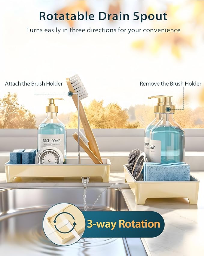 Minimalist Sink Caddy, Rustproof Sponge Holder for Kitchen Sink with 304 Stainless-Steel Brush Holder, Countertop Rack Organizer with Raised Ridges & Silicone Drain Tube (Pastel Yellow)