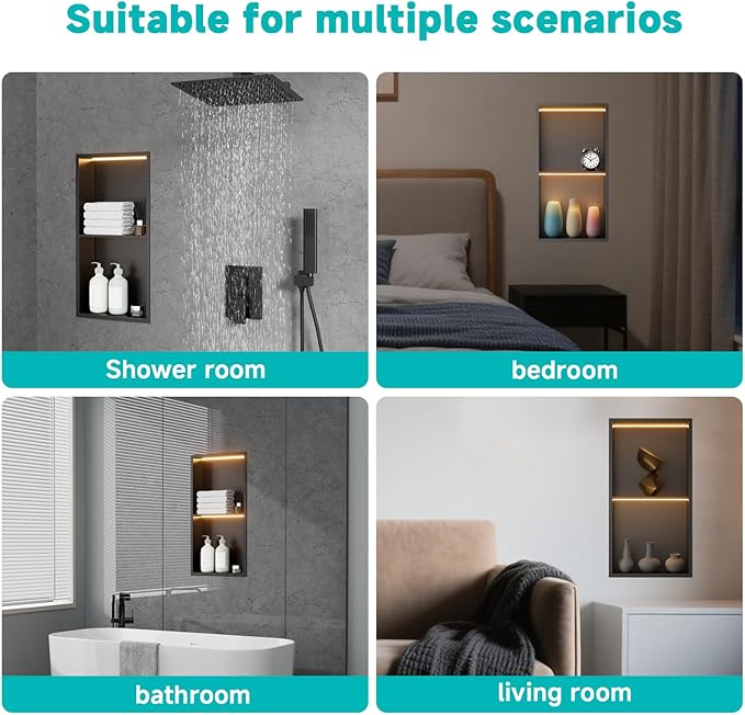 TSIBOMU 12" X 24" Stainless Steel Shower Niche with LED Lights, Matte Black Double Shelves Recessed Shower Niche No Tile Needed for Bathroom/Bedroom Storage