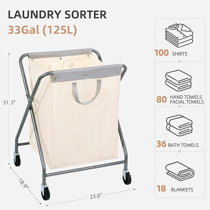 STORAGE MANIAC 125L Collapsible Laundry Hamper with Wheels, Rolling Laundry Basket, Heavy Duty Cloth Sorter with Removable Bag, Folding X Frame Clothes Organizer Cart for Easy to Store, 2 Section