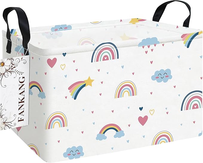 FANKANG Storage Bins, Nursery Hamper Canvas Laundry Basket Foldable with Waterproof PE Coating Large Storage Baskets for Kids Boys and Girls, Office, Bedroom, Clothes,Toys(Rec-Love Rainbow）