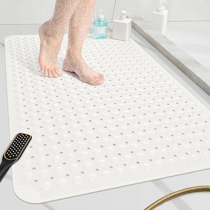 OTHWAY Large Shower Mat 34"x 23", TPE Non Slip Shower Mat for Walk in Shower Stall, Inside Shower Mats with Drain Holes Suction Cups, Anti-Slip for Elderly Kids (White)