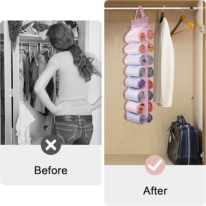 Legging Organizer Storage, 2PCS T Shirt Organizer, Foldable Hanging Closet Organizer Storage with 16 Roll Independent Compartments for Yoga Pants, Tank Top, Towel, Underwear (Pink)