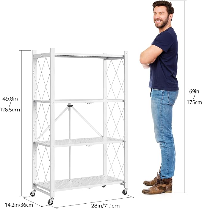 4-Tier Folding Metal Storage Shelf with Wheels, No Assembly Organizer Rack, Heavy Duty Collapsible Shelving Unit for Garage, Kitchen, Basement, Pantry, Living Room(New Upgrade - White, 4 Tier)