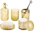 Clear Gold Bathroom Accessories Set, 5Pack Clear Glass Bathroom Accessories, Includes Lotion Soap Dispenser, Toothbrush Holder, Qtip Holder and Soap Dish, Vintage Bathroom Decor