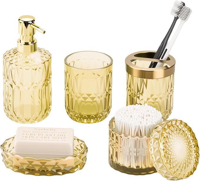 Clear Gold Bathroom Accessories Set, 5Pack Clear Glass Bathroom Accessories, Includes Lotion Soap Dispenser, Toothbrush Holder, Qtip Holder and Soap Dish, Vintage Bathroom Decor