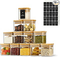 D2scrma 5oz Airtight Square Spice Containers with Bamboo Lid Set of 12 with Black Lables Storage Stackable Spice Jar, Kitchen Canister for Sugar, Tea, Flour, Salt and Seasonings (‎Clear Glass)