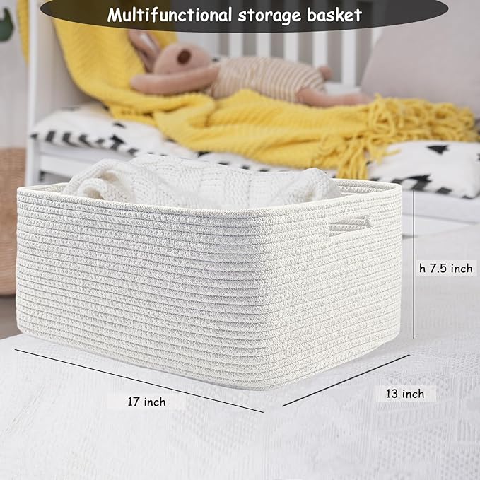 COMFY-HOMI 2 pcs Large Storage Baskets for Shelves, Laundry Basket, Woven Rope Basket, Closet Organizer Bins for Clothes Blanket Towels, Baby Nursery, Gift Toy Baskets, 17” x 13” x 7.5”-White