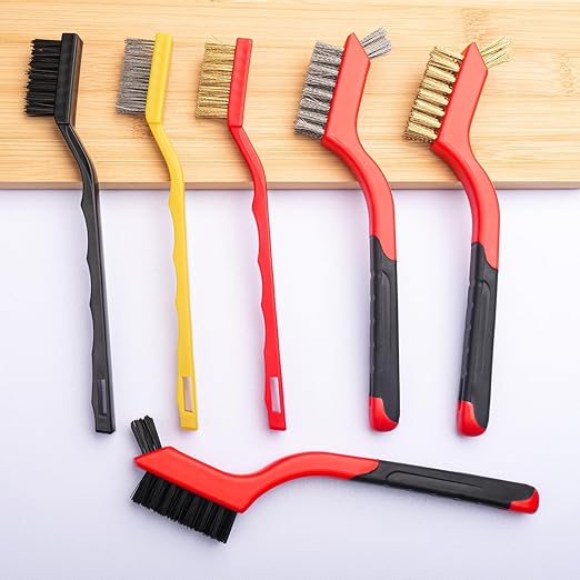 Small Wire Brush Set 6Pcs, Stainless Steel/Brass/Nylon/Bristle Mini Wire Brushes for Cleaning Rust, Scrub Removal Paint and Grout - 7 Inches