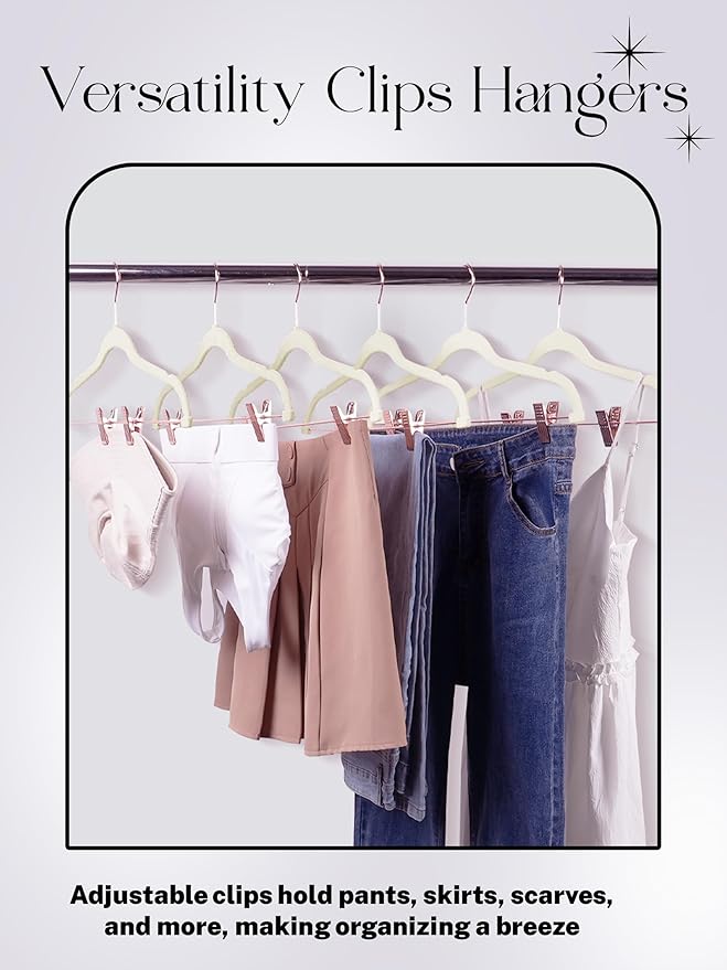 HOUSE DAY Velvet Skirt Hangers 24 Pack, Non Slip Pants Hangers with Rose Gold Clips, Slim Hanger with Clips, Velvet Clip Hanger for Jeans, Trouser, Dresses, Coats (Ivory)