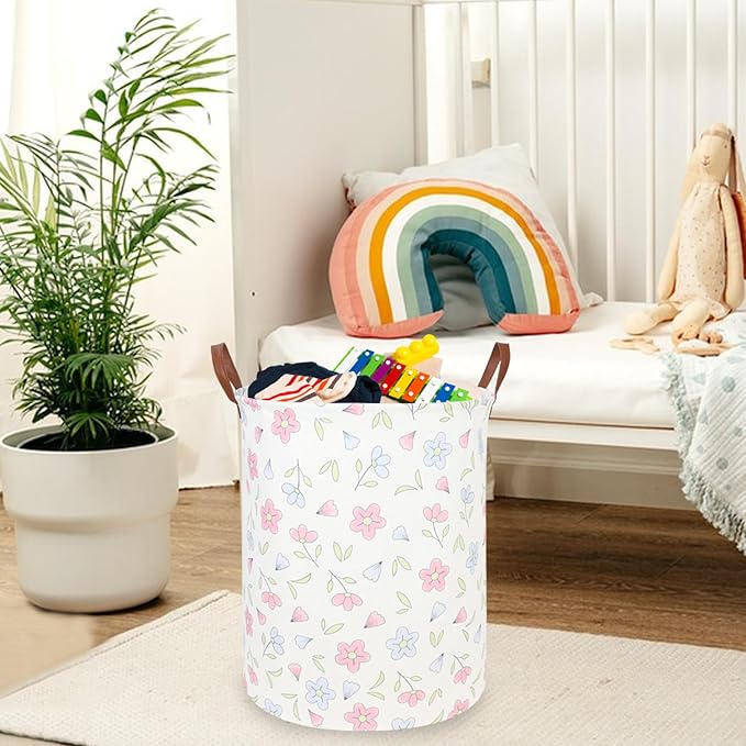 Flower Patter Laundry Hamper,Girls Laundry Basket,Waterproof foldable kid's laundry basket,Baby Girls Nursery Hamper,Gift Baskets, Girls Room Decor(Blue flower)