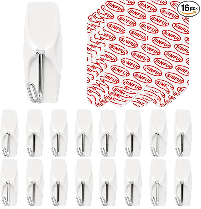 Wire Hooks for Wall Medium 16 Hooks, Heavy Duty Wall Hooks with 16 Strips, Damage Free Adhesive Hooks for Key Holder, Coat, Door, Shower Hanging