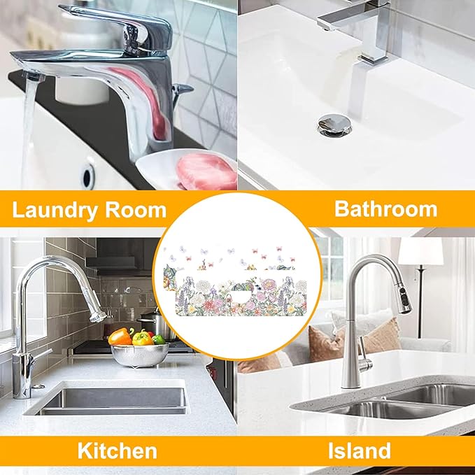 2 Pack Butterfly Floral Sink Splash Guard Faucet Mat Rose Lily Tulip Peony Super Absorbent Fast Drying Mat Sink Gadgets-Splash Guard Behind Faucet Drip Catcher for Kitchen Bathroom, 15.5"x5.5"