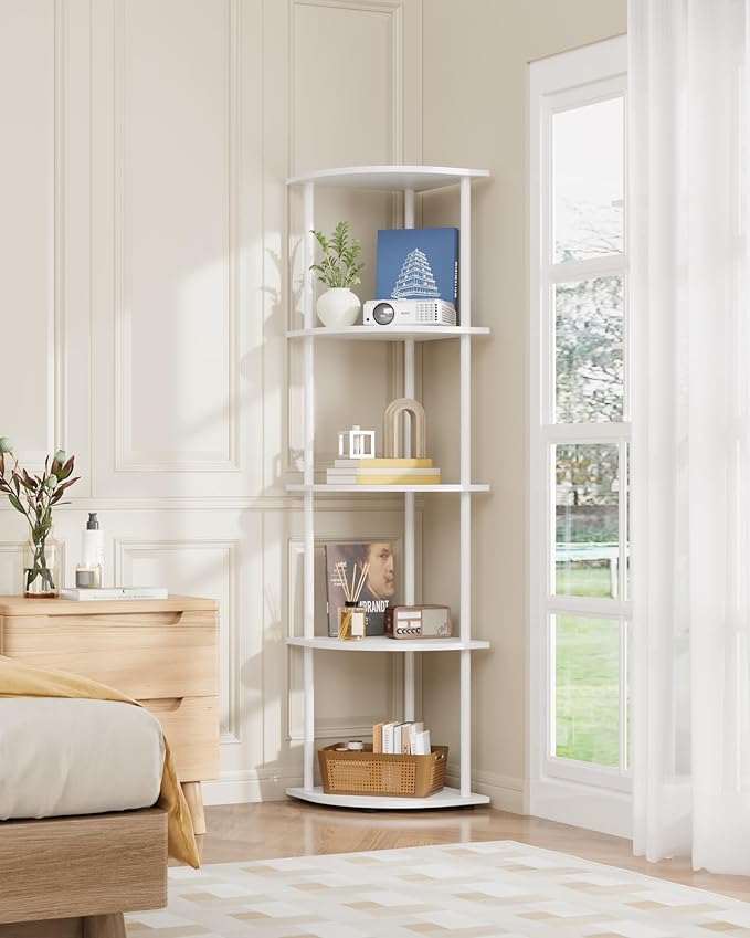 Corner Shelf - 5-Tier Corner Bookshelf with Wall Anchors & Non-Slip Feet, Corner Shelves with Rustproof Metal Frame for Bedroom, Living Room, Home Office, 11.6"×11.6"×56.2", White