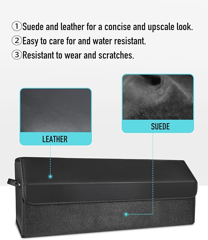 Car Organizers for Trunk for Suv Sedan, Leather Storage Box,Extra Large,Magnetic Lid,Collapsible and Adjustable, S004, Black