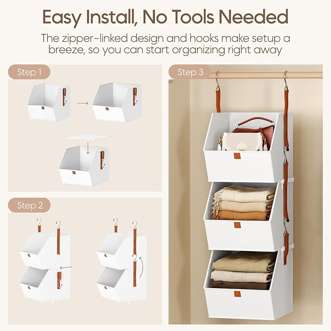 Collapsible Hanging Closet Organizer - 6 Tier Closet Shelves Storage System with Hooks, Fabric Hanging Storage Bins for Clothes, Foldable Storage Basket for Laundry, Bedroom, Rv, White