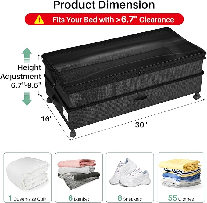 Kitstorack 4 Pack Height-adjustable Under Bed Storage with Wheels, Under Bed Storage Containers,Under Bed Shoe Storage Organizer with Clear Window&Label, Suitable for Clothes Storage, Black