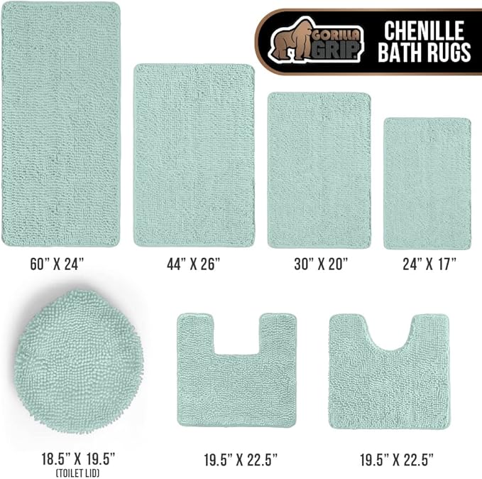 GORILLA GRIP Plush Absorbent Shaggy Chenille Bath Rug Mat for Oval Toilet Base with Rubber Backing, Machine Washable Rugs, Soft Microfiber Contour Mats for Toilets, Bathroom Decor, Seablue