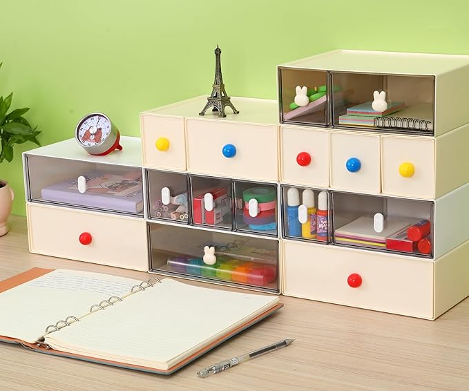 Desktop Storage Drawers, Plastic Desk Organizer with 1 Large Drawer, Modular Stackable Toolbox Units for Office Stationary, Makeup Container, Bathroom Countertop (1 Tall Layer, White & Clear)
