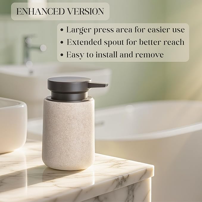 Liquid Soap Dispenser with Easy-to-Press Pump, 10 oz Refillable Hand Soap Dispenser with Extended Spout for Bathroom Kitchen Dish Lotion, Modern Stone Texture (Beige)