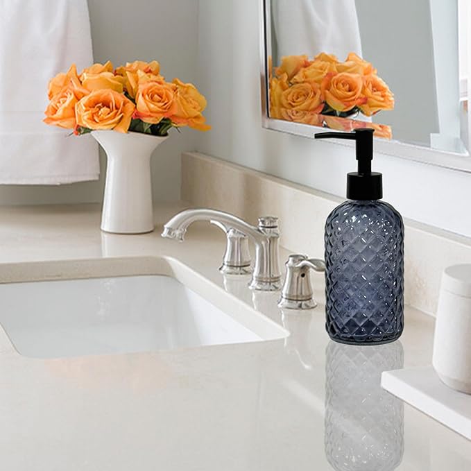 Glass Dish Soap Dispenser for Kitchen, 13.5oz Refillable Liquid Hand Soap Dispenser Set, Crystal Lotion Bottle for Modern Home Decor, Bathroom Countertop, Hotel(Blue Grey)