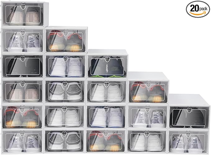 Bitodd 20Pcs Large Plastic Shoe Storage Boxes, Simple Modern Lightweight and Foldable Shoe Organizers, Easy to Access Shoe Horn for Store Flat Casual Footwear and Sneakers