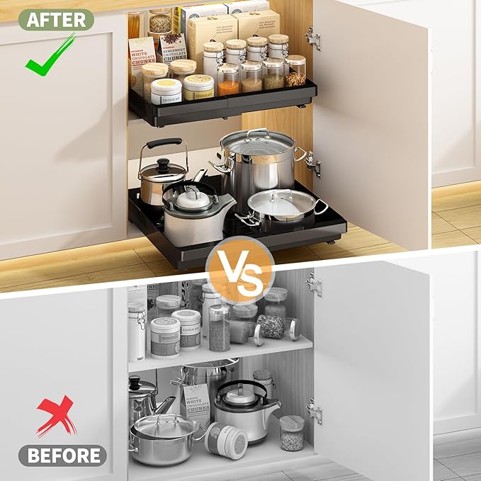 2 Pack Pull Out Cabinet Organizers Expandable (13''-19''), Plastic Slide Out Drawers for Kitchen, Bathroom, Pantry, Under Sink Storage, Pull Out Drawers Fixed with Adhesive Nano Film (Black)