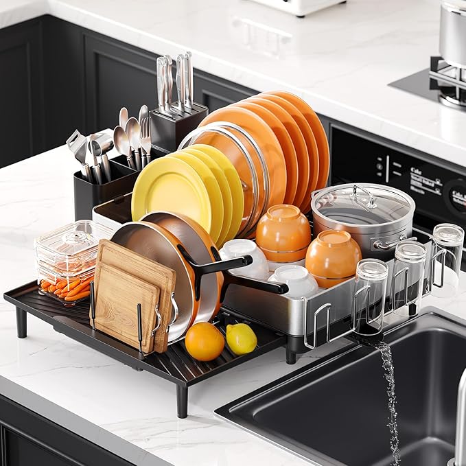 Dish Rack for Kitchen Counter, 304 Stainless Steel Dish Drying Rack, Expandable Dish Drainer, Foldable Dish Strainer with Cutlery Holder, Kitchen Plate Rack (Black, Large Size)