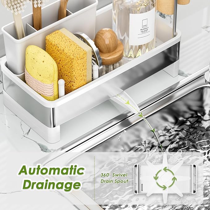 Ewaiira Stainless Steel Sink Caddy, Sponge Holder for Kitchen Sink with Brush Holder & Dishcloth Rack, Rustproof Organizer Countertop, Soap Dispenser Kitchen Organizers Storage Essentials, White