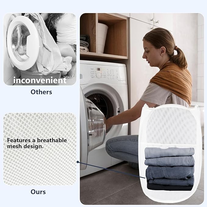 LXLOVESM Pop Up Laundry Hamper, Mesh Laundry Basket Collapsible, Foldable Hamper for Travel and Storage (White)