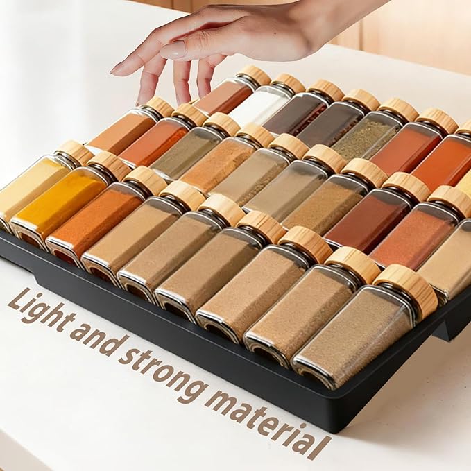 Spice Drawer Organizer, 4 Tier- 6 Pack Drawer Seasoning Organizers, Kitchen Spice Rack Tray Expandable From 12" to 24", Black Spice Rack Insert for Cabinet Countertop(Jars Not Included)