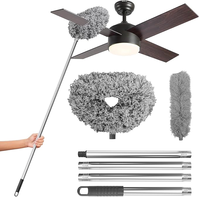 DRQ Ceiling Fan Cleaner Duster, 2 Pack Reusable Microfiber Duster with Extension Pole, 13 to 48 Inch Fan Blade Cleaner, Removable Dusters for Cleaning Walls Bookshelves Door Window Top (Grey)