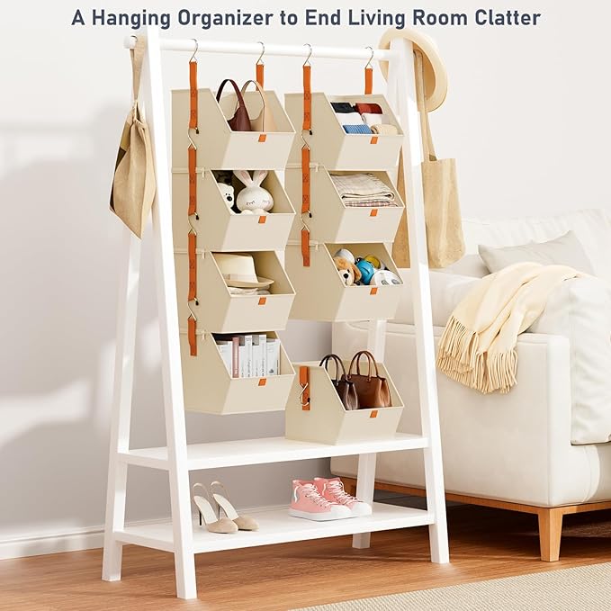 DIMJ Hanging Closet Organizer - 4 Tier Collapsible Hanging Shelves with Hooks Zipper, Fabric Clothes Organizer, Space-Saving Storage Bin Basket for RV, Bedroom, Laundry Organization