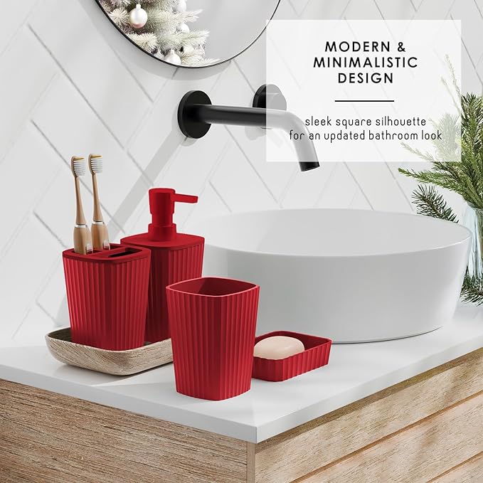 Clara Clark Christmas Bathroom Accessory Set - 22PC, Complete Set + Bath Rugs, Modern, Red & White, Polyester